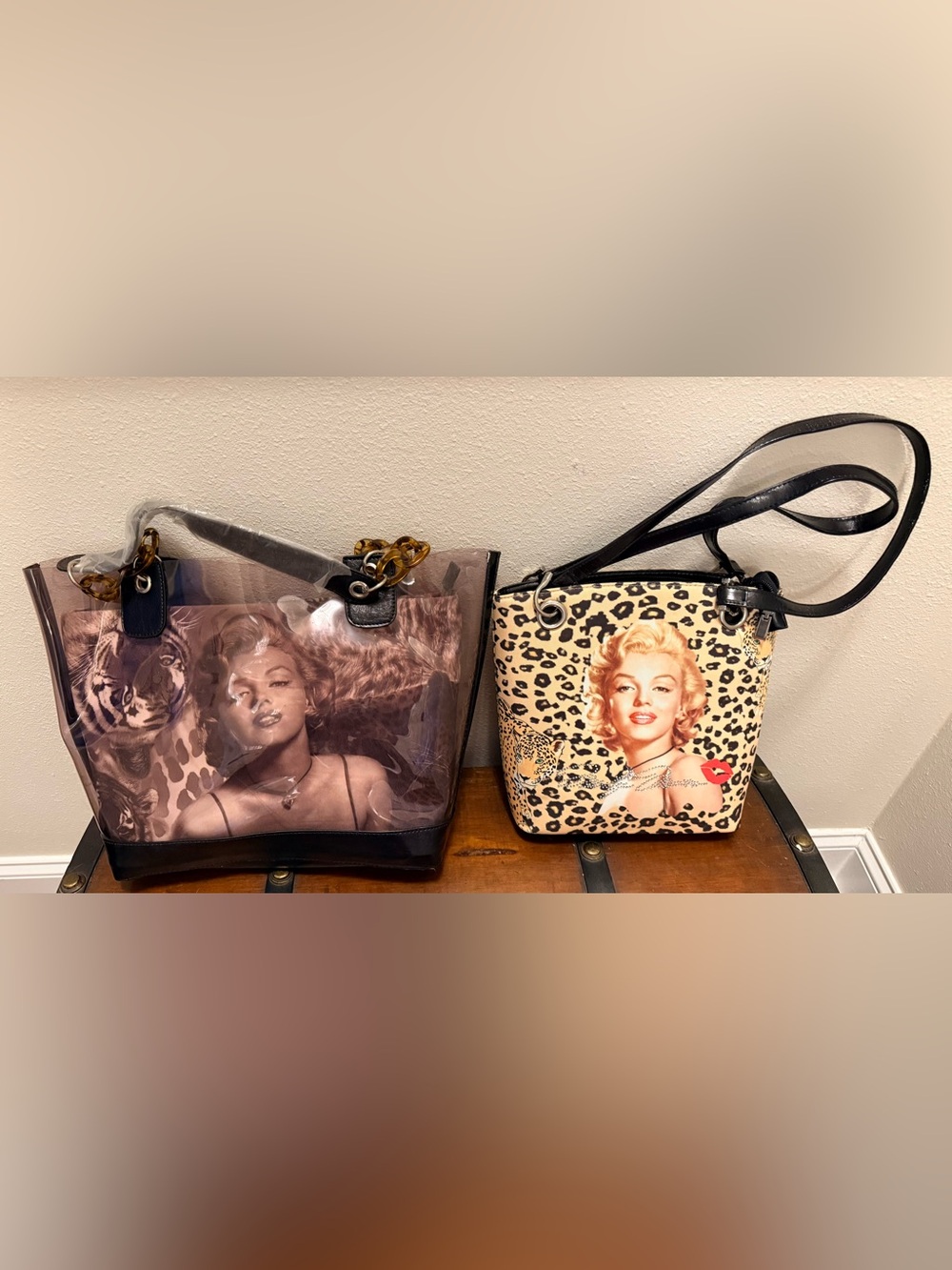 Marilyn Monroe Leopard-Print Portrait Tote Bags in Cream and Black